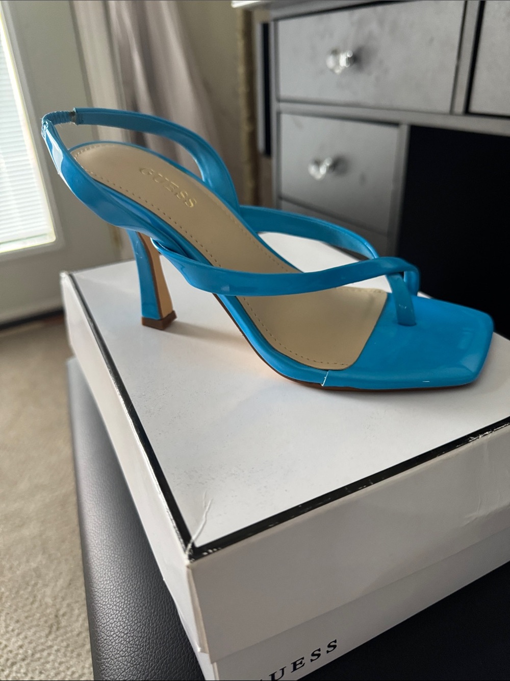 Guess Turquoise Patent Slingback Toe-Loop Heels